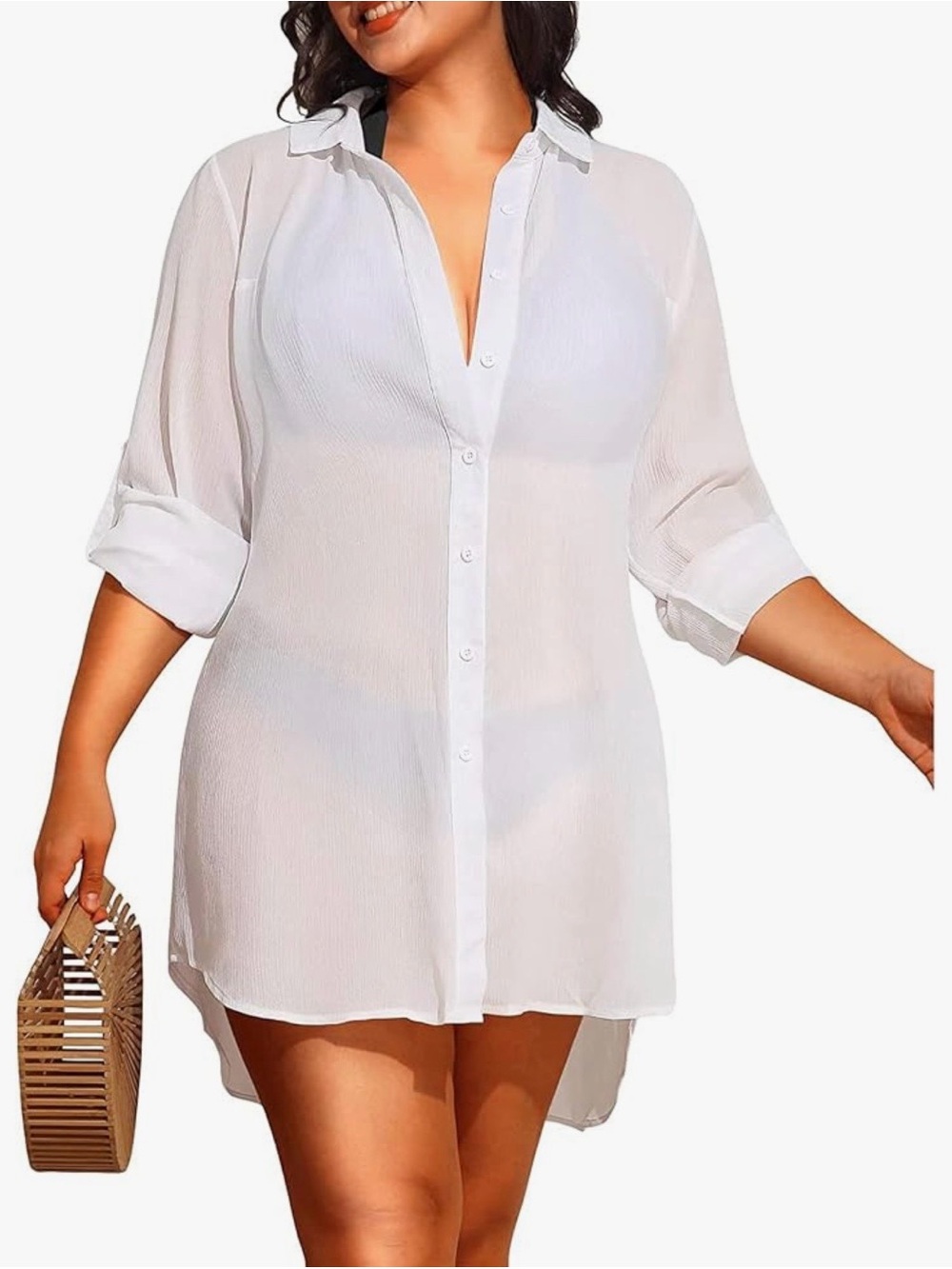 Womens Plus Size Button-Down Long-Sleeve Swimwear Cover Up